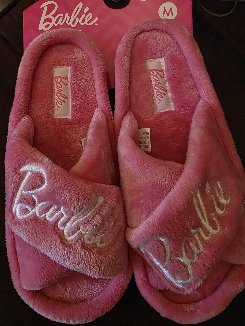Barbie Hot Pink Plush Memory Foam Slippers NWT Slide Indoor Outdoor M 6.5-7.5